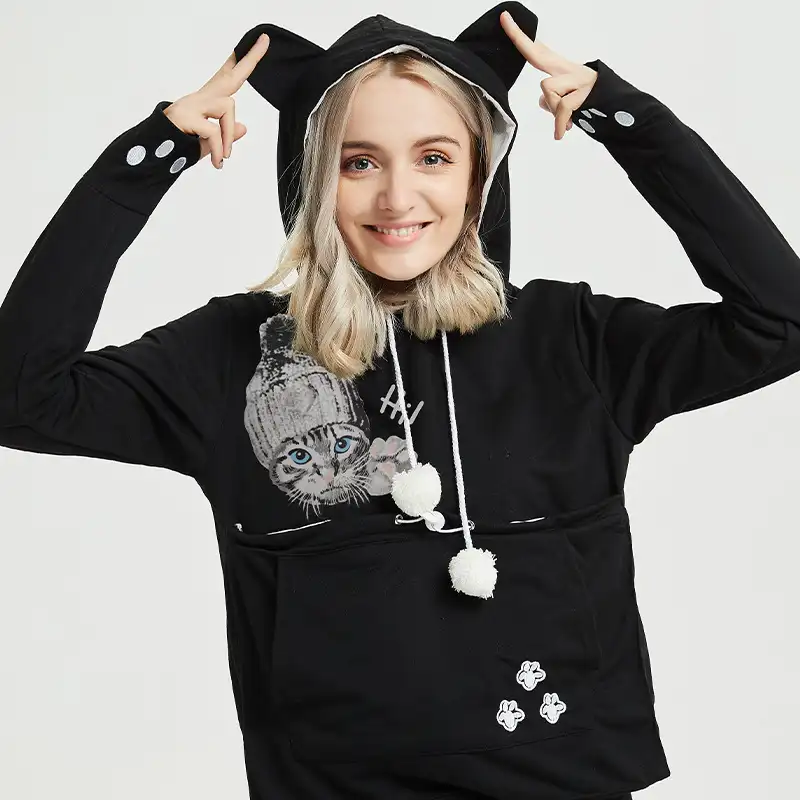 cute cat hoodie wearshirt with big pocket for pets hooded tops clothes - black