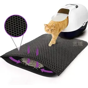 double layer EVA pet cat litter pad sand basin - black showing a cat and material close up