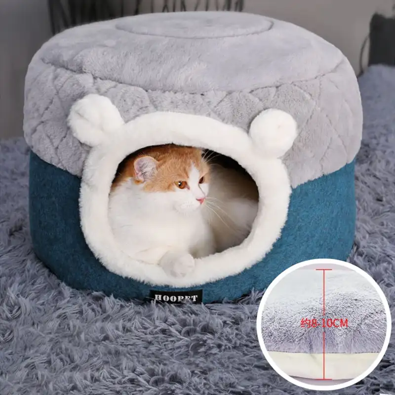 Hoopet ultra soft plush cat small dog bed house - cat inside the hoopet bed house - cat inside with head outside