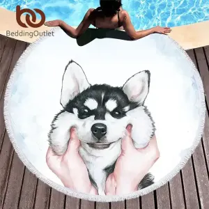 husky-printed-round-beach-towel-150cm-kids-tassel-blanket
