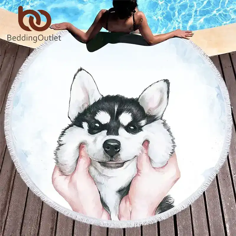 husky printed round beach towel
