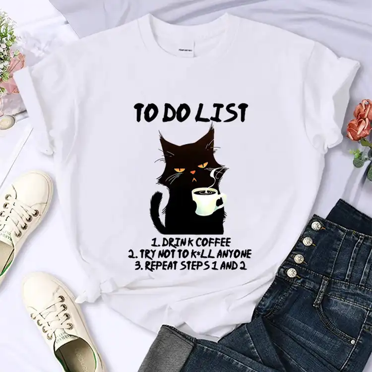 Black cat to do list pattern t-shirt funny cat - white