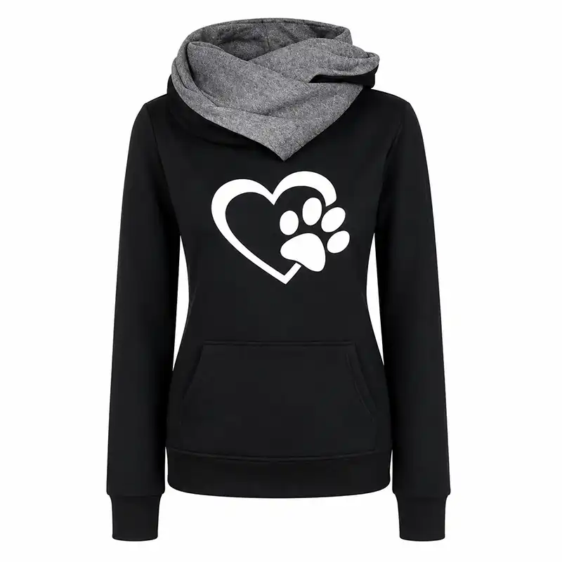 Women cat paw love heart hoodie - black