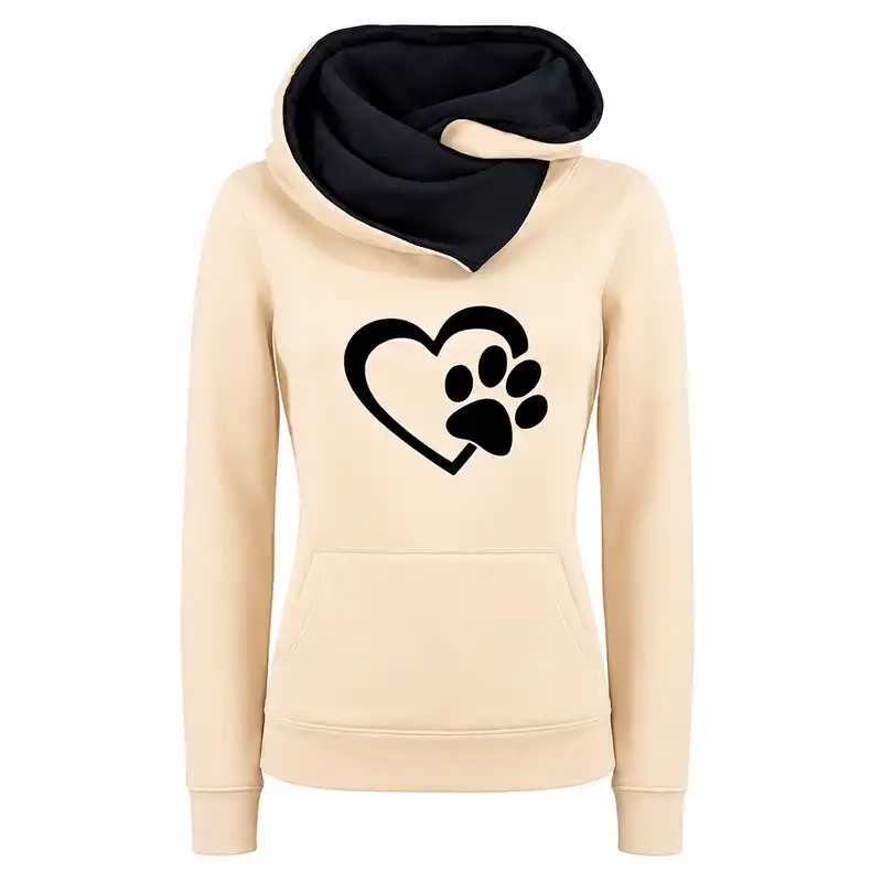 Women cat paw love heart hoodie - khaki