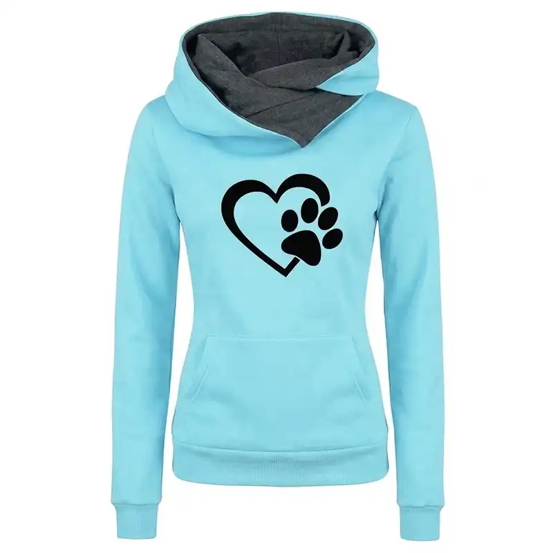 Women cat paw love heart hoodie - light blue